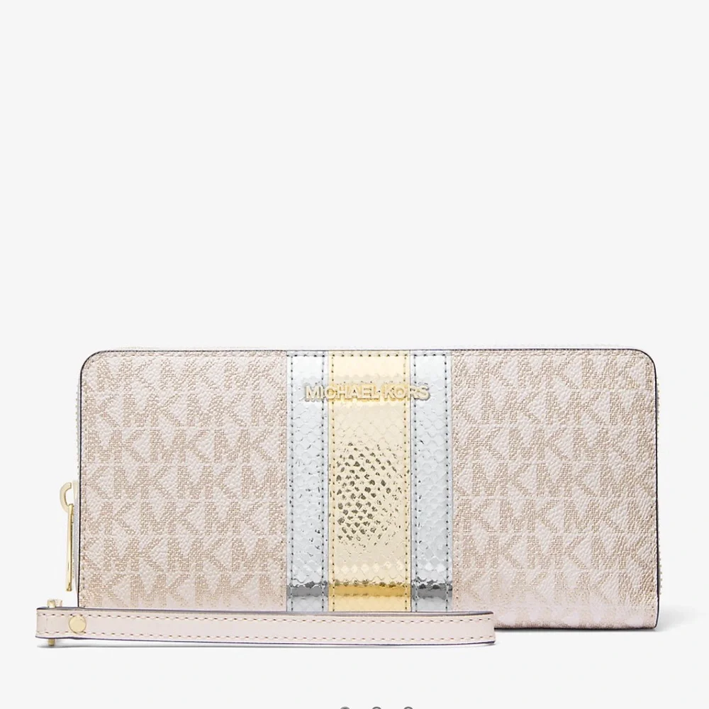 Michael Kors Jet Set Travel Large Signature Logo and Metallic Continental Wallet